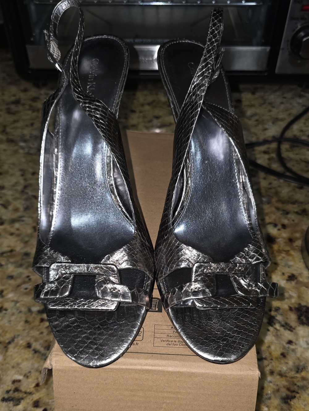 Calvin Klein Metallic Silver Slingback Peep-Toe Heels with Buckle Detail